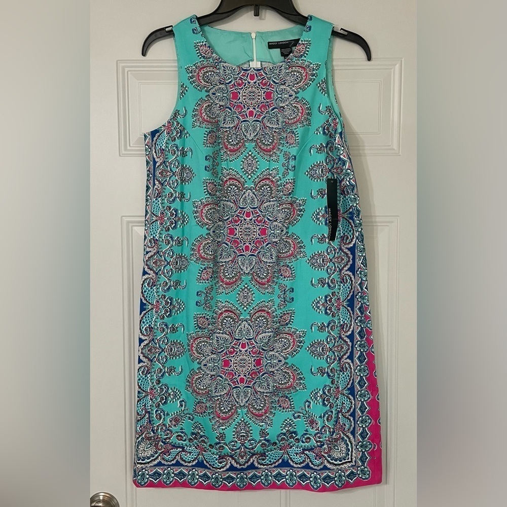 Maggy London Medallion Print Cotton Dress geometric Paisley Colorful Aqua Size 8